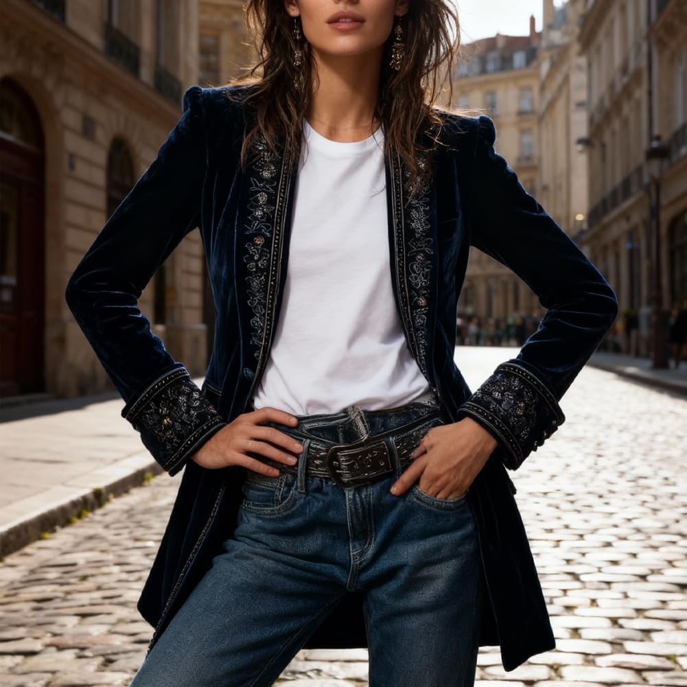 Chaqueta larga bordada de terciopelo de poliéster azul marino vintage para mujer, cuello en V, estilo retro, bohemio, blusa de terciopelo vintage