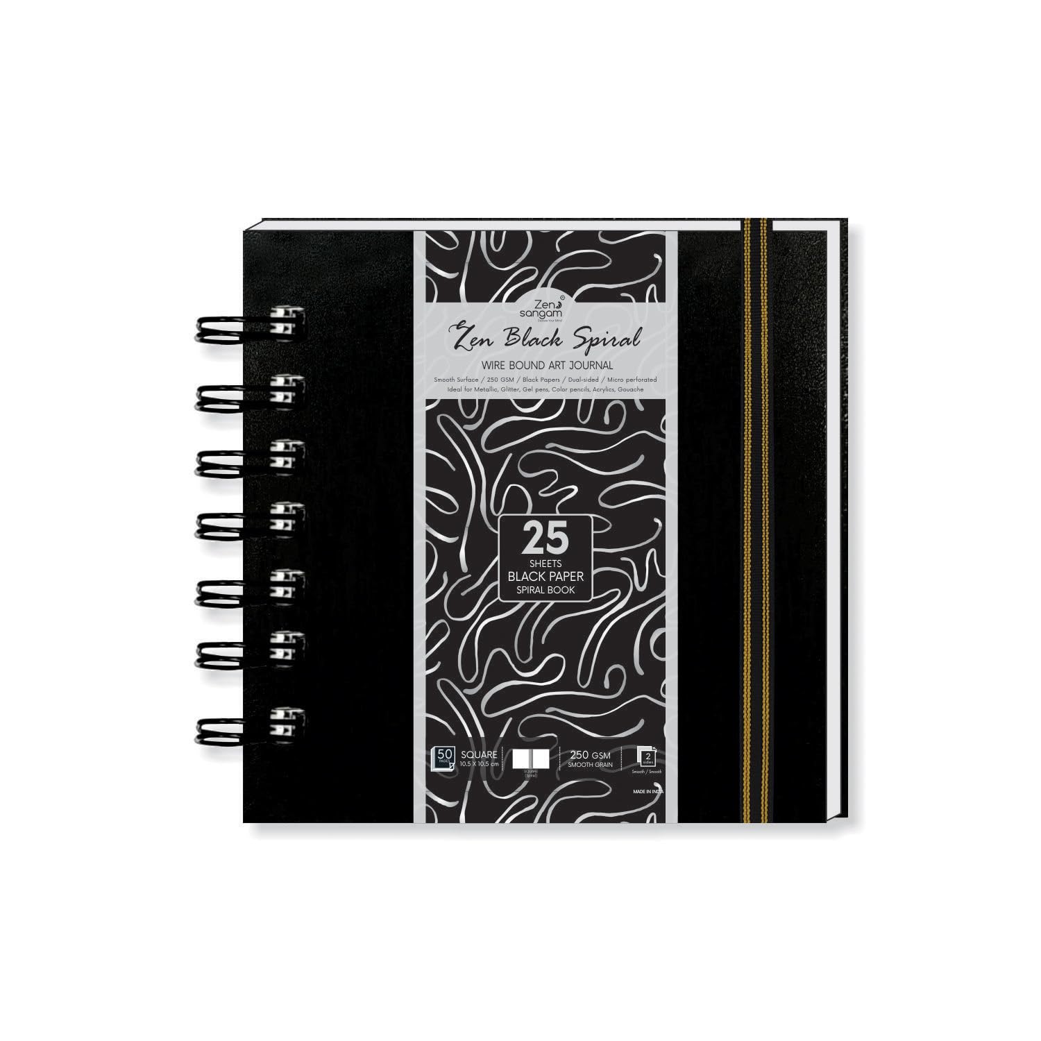 Zen Sangam Artists’ - Square Spiral 250 GSM Black Paper Sketchbook Journal - Smooth Surface - 25 Sheets (50 Pages) - Size (10.5cm x 10.5cm) - Zen Black - Gouache, Acrylics, Metallic, Glitter, Gels-image-49