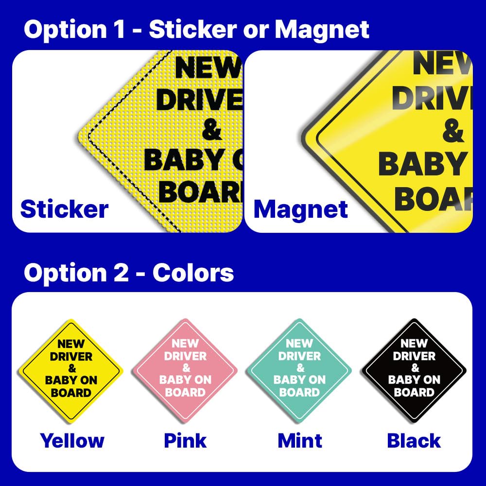 GEEKBEAR Neuer Fahrer und Baby an Bord Auto-Schild - Aufkleber oder Magnet & Farboptionen, wetterbeständig - Rautenform 17,4 cm x 17,4 cm (Yellow, Reflective Magnet)