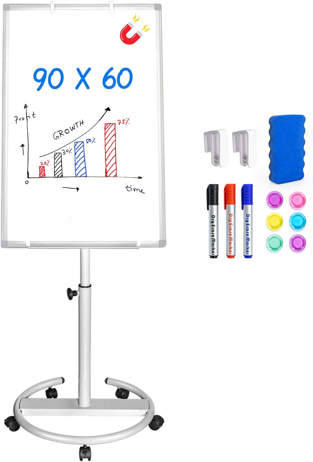 maxtek Flip Chart Stands Mobile Whiteboard, 90 x 60 CM Magnetic WhiteBoard Stand, Aluminum Frame Height Adjustable Portable Whiteboard, 1 Radierer, 3 Markern und 6 Magneten (White)