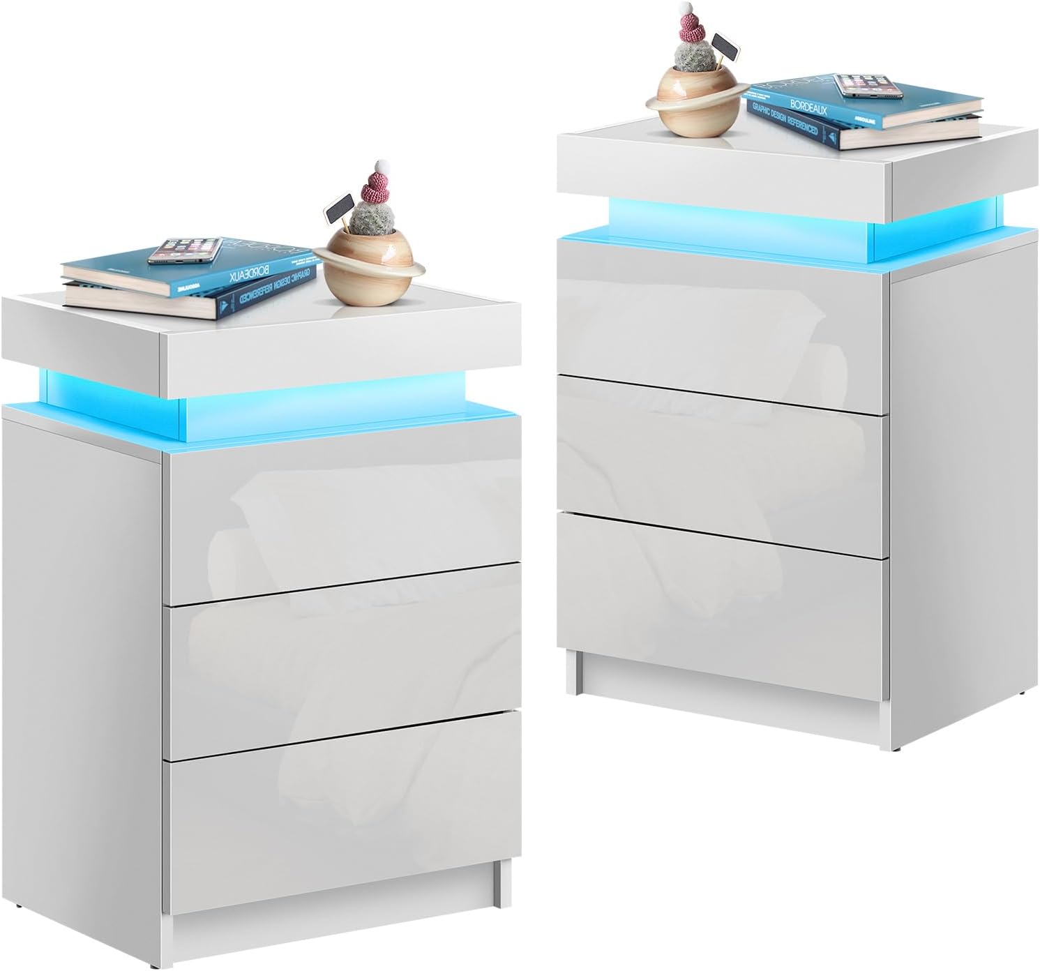Nightstand Set of 2 with LED Lights, Smart Night Stand with Flip Top Storage, Bedside Table with 3 High Gloss Drawers, Modern End Side Table for Bedroom (White)