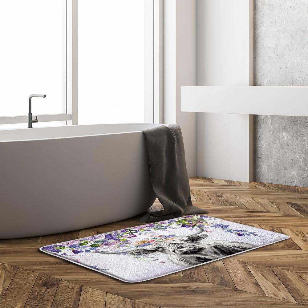 Sunhe Farmhouse Highland Cow Bath Mat Western Farm Animal Purple Watercolor Floral Longhorn Bull Rustic 16