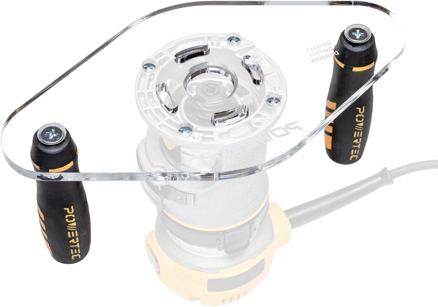 POWERTEC Dual Grip Router Base Plate 6” x 11” Clear Acrylic Large Sub Base with Predrilled Holes for DeWalt Compact Router DWP611 and DCW600B – For Dovetail Jig, Inlay Template & Edge Routing (72314)