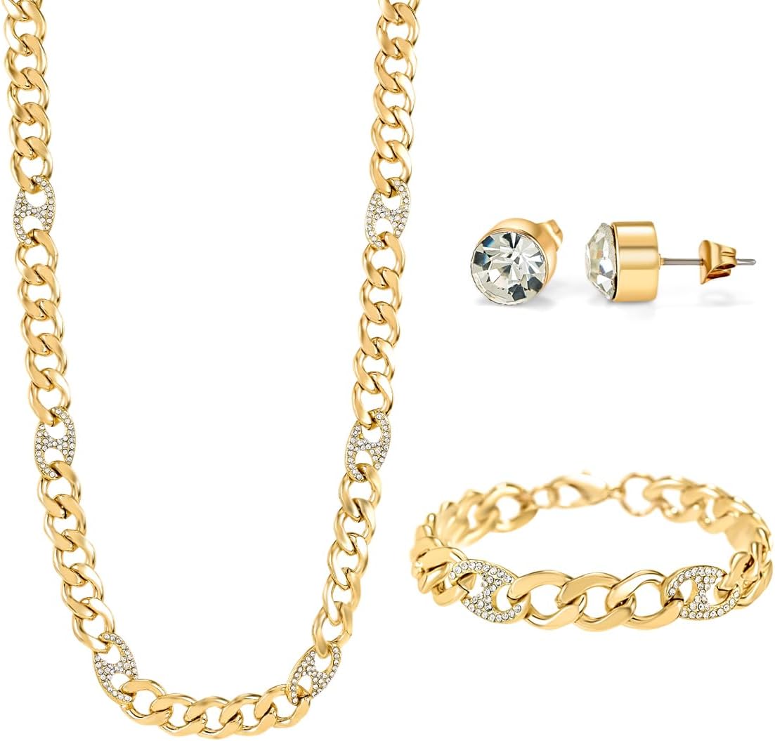 American Exchange Men's Gold-Tone Jewelry Set – Matching Chain Necklace, Bracelet & Shiny Stud Earrings