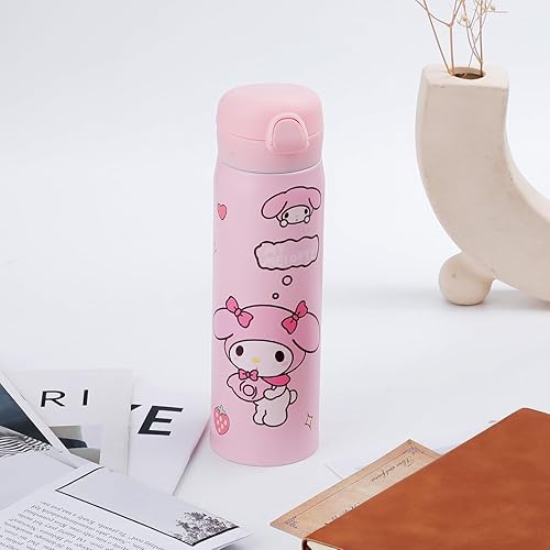 Miniatura 3 de Botella de agua de anime Kitty, bonita botella de agua de anime con popote, botella aislada de apertura rápida para niñas, 14.2 fl oz (melodía)