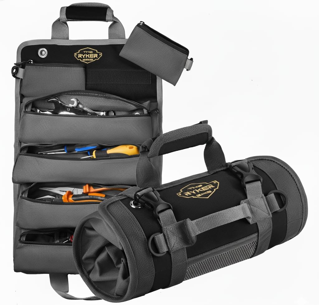 the ryker roll up tool bag organizer gifts for dad. heavy duty motorcycle tool roll bag organizer. portable rollup toolbag w/detachable pouches - tools bags mens gifts for him/mechanic (black) tool roll black