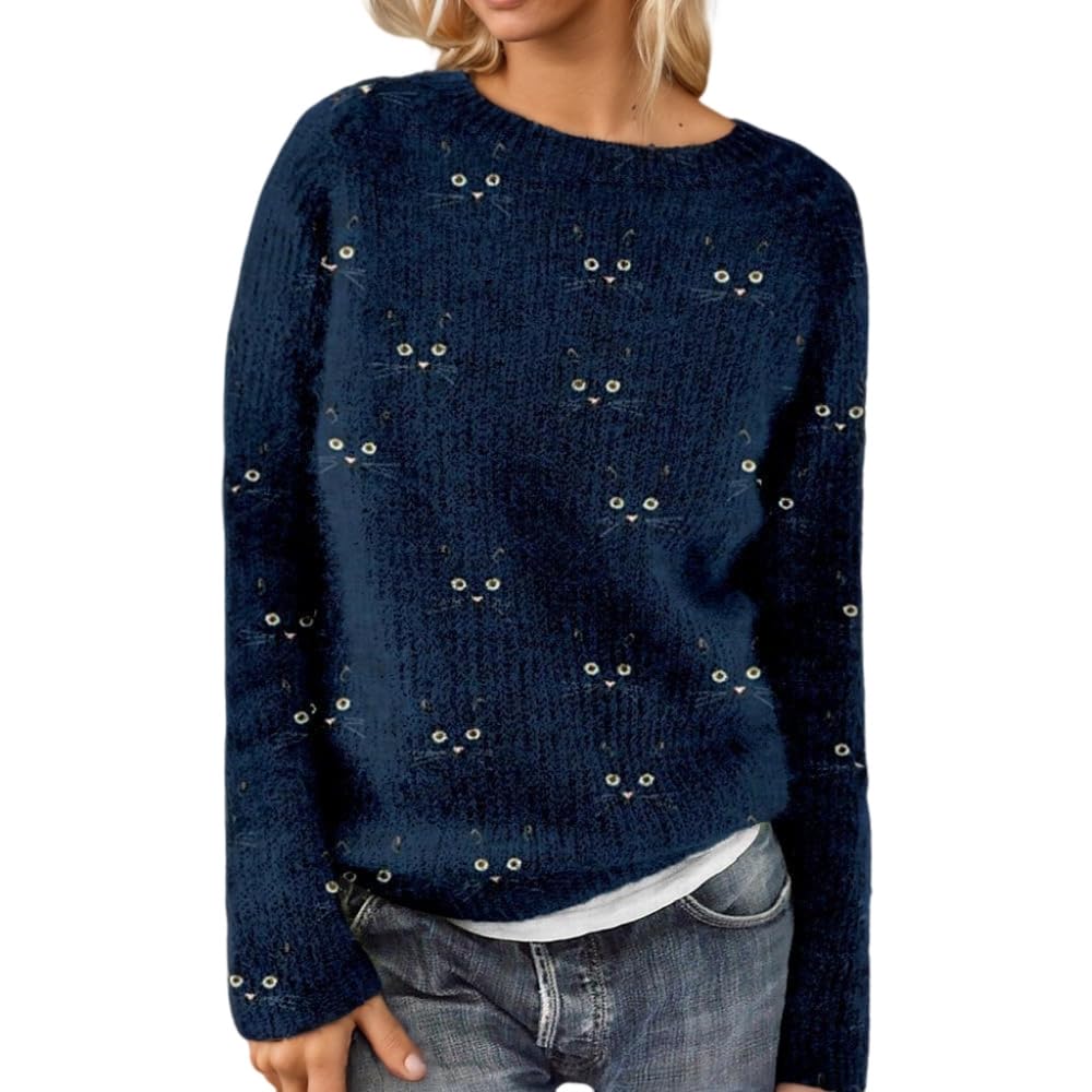 Akivide Womens Fall Winter Cute Cat Graphic Floral Print Sweater Casual Loose Long Sleeve Crewneck Sweatshirt Oversized Tops