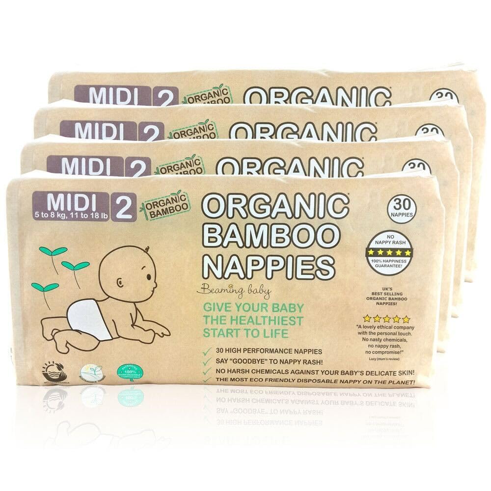 Beaming Baby Organic Bamboo Nappies - Size 5 (15-19 kg / 33-44 lbs), 88 Biodegradable Nappies (4 X 22) Monthly Pack | Hypoallergenic, Ideal for Sensitive Baby Skin, Recyclable Paper Packaging