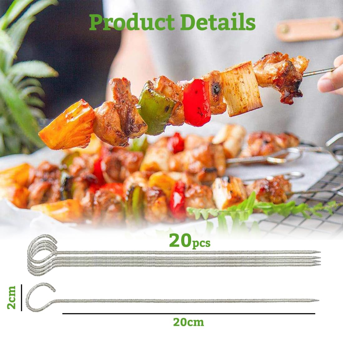 20 Pezzi spiedini acciaio, Spiedini in Acciaio 20cm, spiedini barbecue, Spiedini Barbecue Stuzzicadenti Lunghi In Metallo, Stuzzicadenti Barbecue Lunghi, per Panettone, Falò, Spuntini e Verdure