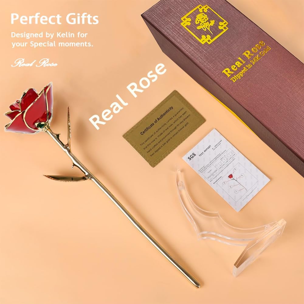 Gold Dipped Rose - Dipped 24K Gold Real Rose - Genuine One of a Kind - Eternal Romantic Present for Her - Best for Valentine's Day, Mother's Day, Anniversary, Birthday (Red) - Image 3