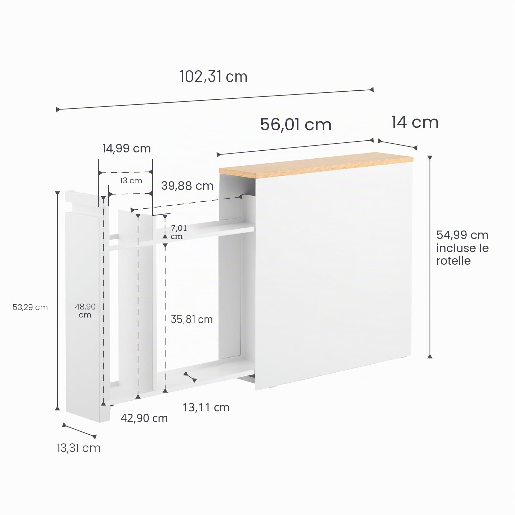 YAMAZAKI TOWER Scaffale estraibile con ripiano in legno e struttura in acciaio – stretto, organizer per bagno, WC, cucina, moderno – 56 x 14 x 55 cm, design giapponese, bianco