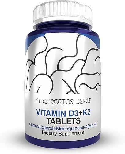 Miniatura 1 de Nootropics Depot Vitamina D3 + K2 con tabletas de vitamina C  365 unidades  Colecalciferol + Menaquinona-4 (MK-4)  Salud del estado de ánimo y los