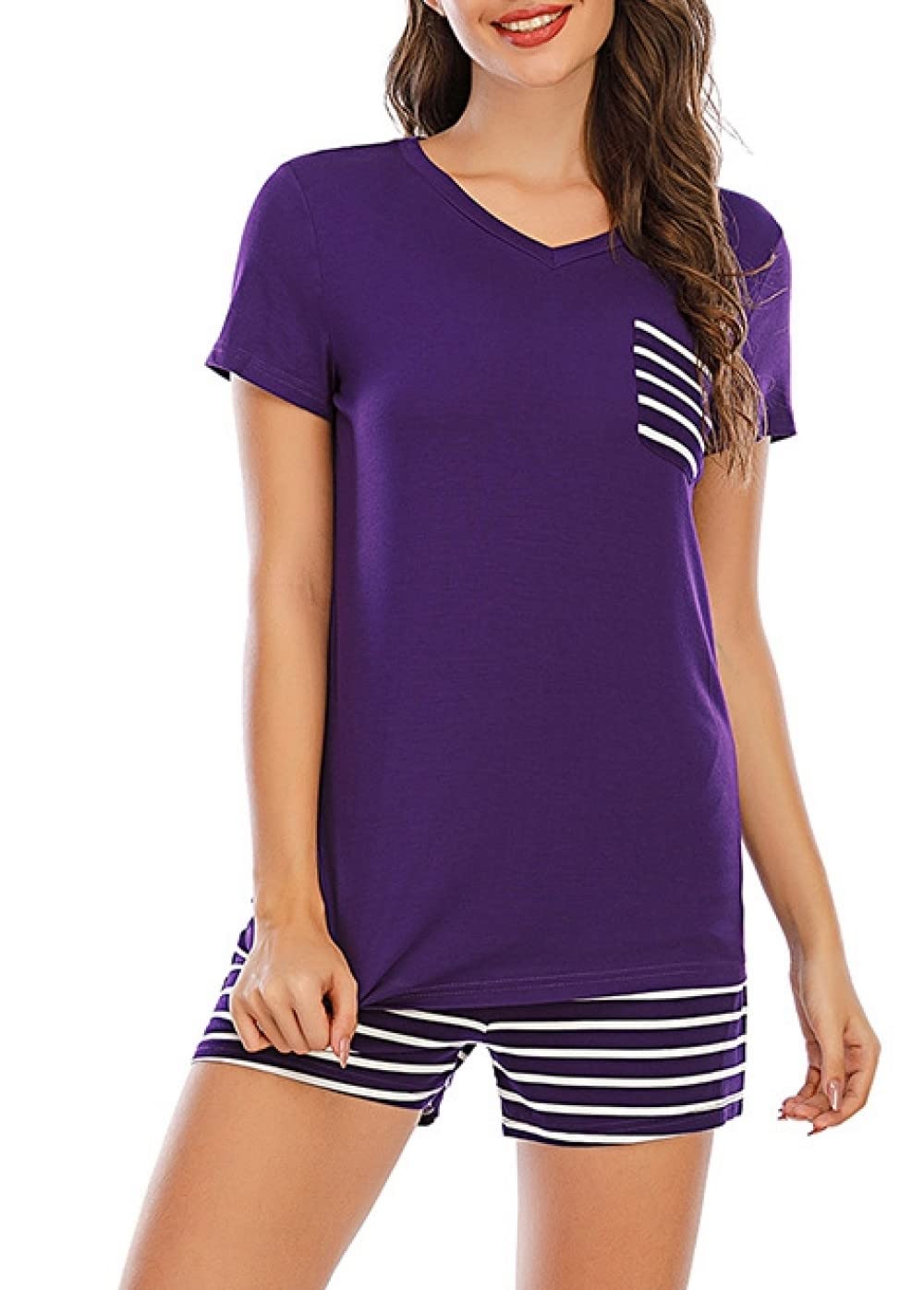 Pijama De Mujer Manga Corta,Pijama De Manga Corta con Cuello En V A Rayas Moradas para Mujer, Conjunto De 2 Piezas, Pijama Suave Y Cómodo para Mujer, Ropa De Salón, Regalo del Día De La Madre Par
