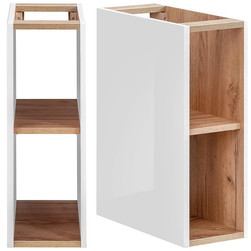 Lomadox Doppel-Waschtisch Set, Unterschrank Hochglanz weiß Wotaneiche, 2 Keramik-Waschbecken, 4 Softclose-Schubkästen, Regal, B/H/T ca.: 141/74,5/46 cm