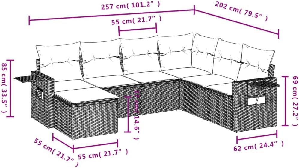 vidaXL Patio Sofa Set 7 Piece Black Poly Rattan with Blue Cushions - Weather- Outdoor Garden Furniture with Modular Design and Foldable Side Tables