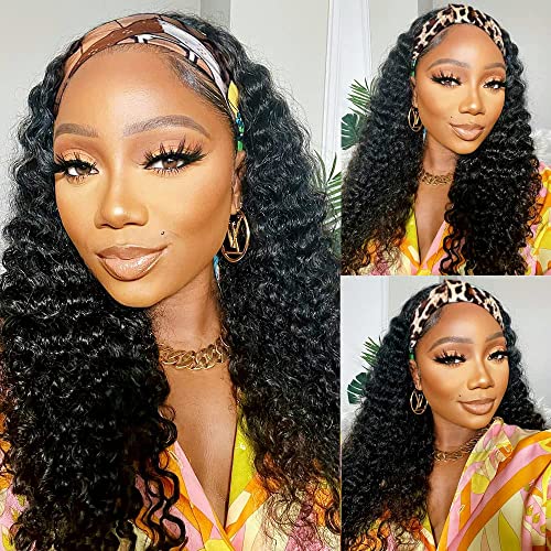 Lauberita Long Human Hair Headband Wig Curly Headband Wig Deep