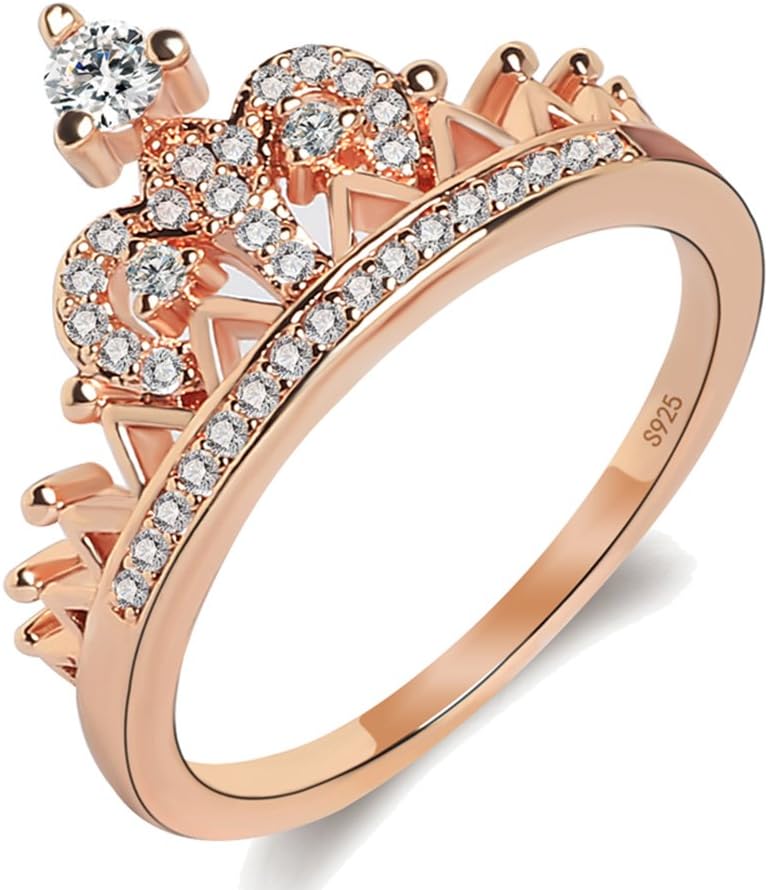 Women's Crown Tiara Rings Exquisite 18K Rose Gold Plated Princess Tiny CZ Diamond Accented Promise Rings