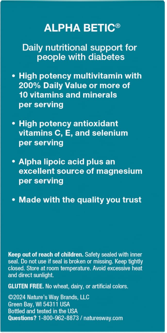 Nature's Way alpha betic, Diabetic Multivitamin for Daily Nutritional Support, with B-Vitamins for Energy Metabolism Support*, Alpha Lipoic Acid, Taurine, Lutein, 30 Tablets — Amazon image 12