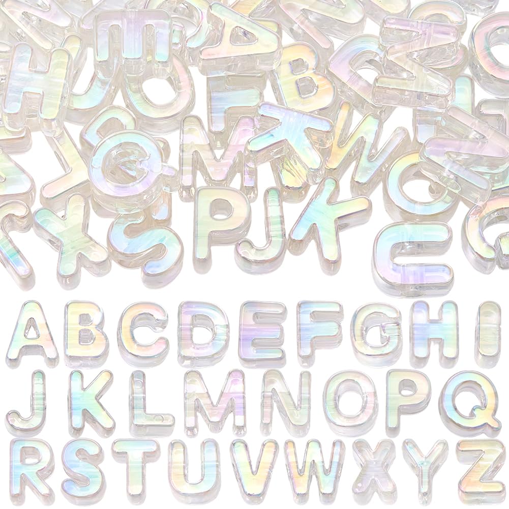 SOFPLATE 52Pcs A to Z Large Acrylic Letter Beads Rainbow Alphabet Bead with Large Hole Iridescent Opaque Clear AB Initial Alphabet Shaped Loose Spacer for Jewellery Making Keychains Charm Phone Chains