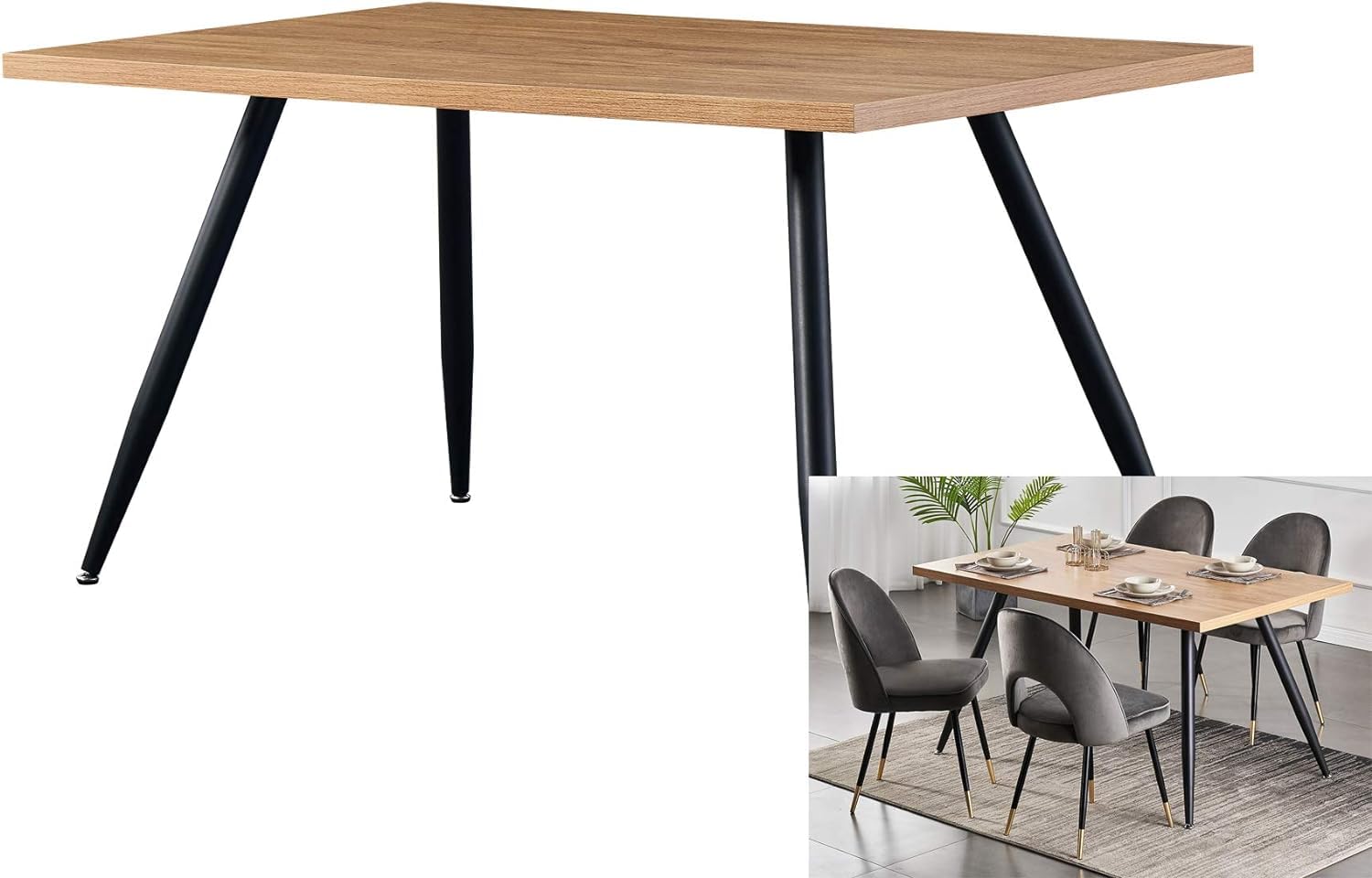 AINPECCA Dining Table with Black Metal Legs Kitchen Table (Oak Effect