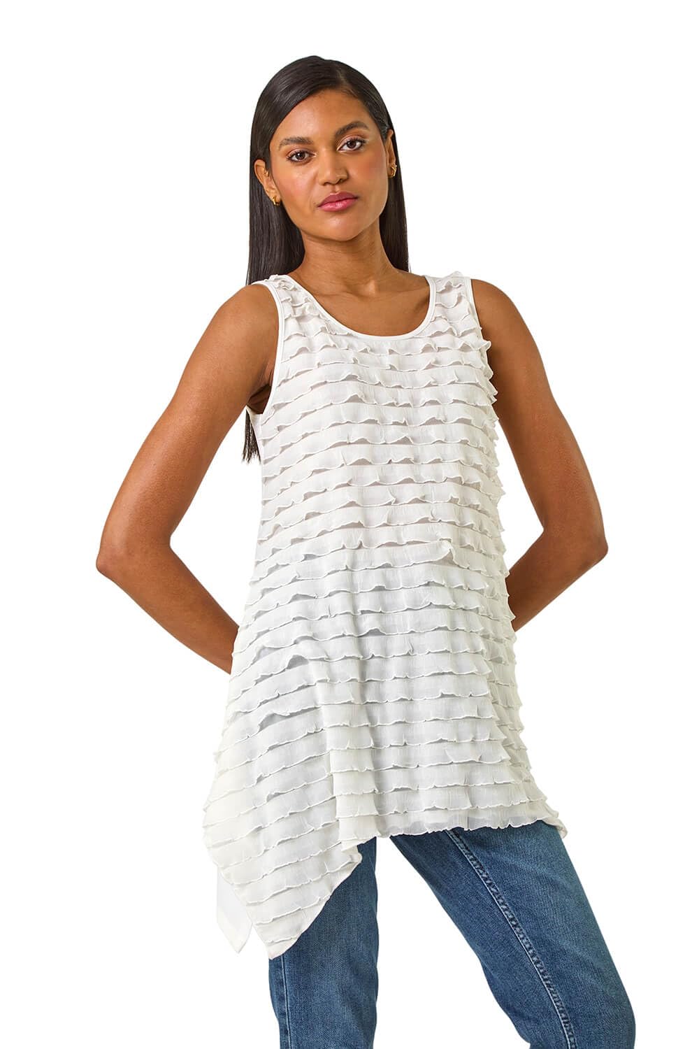 Roman Originals Women's Ivory Frill Detail Tunic Top For Uk - Everyday Holiday Spring Summer Round Neckline Comfy Soft Evening Vacation Work Party - Size 12