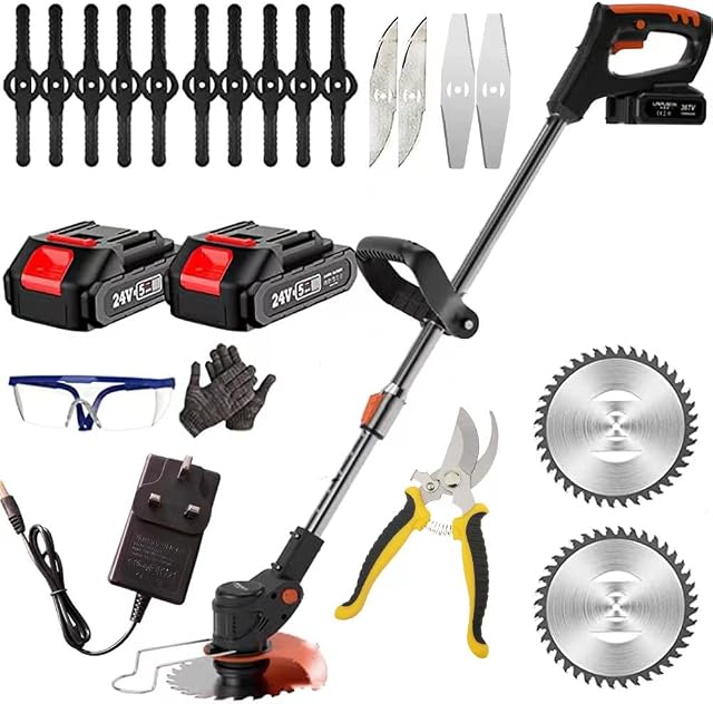 Garden Strimmer Cordless with Blades Grass Trimmer Electric Telescopic Brush Cutter Lightweight with Battery and Charger 90° Head pivots for Garden Clearing Weeds Flower Trees