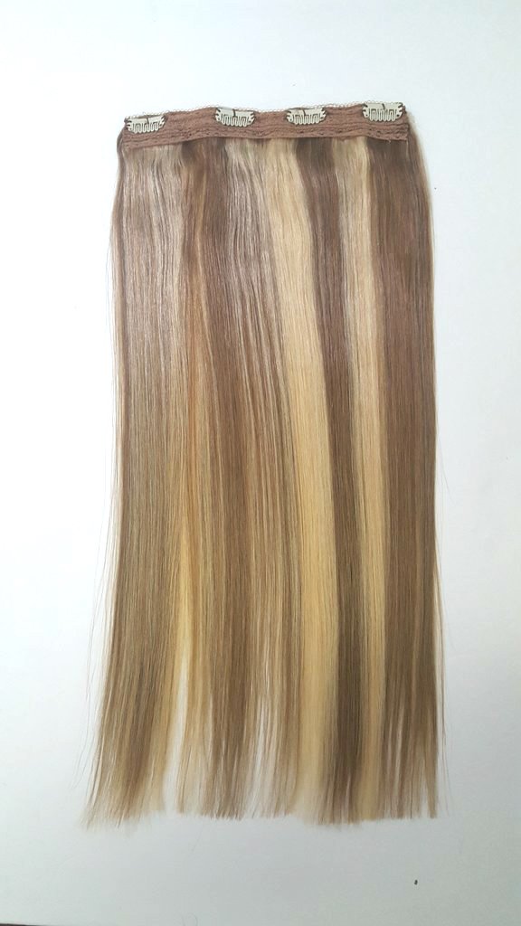 TRESSMATCH One (1) Piece Remy Human Hair Clip in Volumizer Weft Extensions Ashy Brown Blonde Highlights 18” (20") Long 8.5"Wide