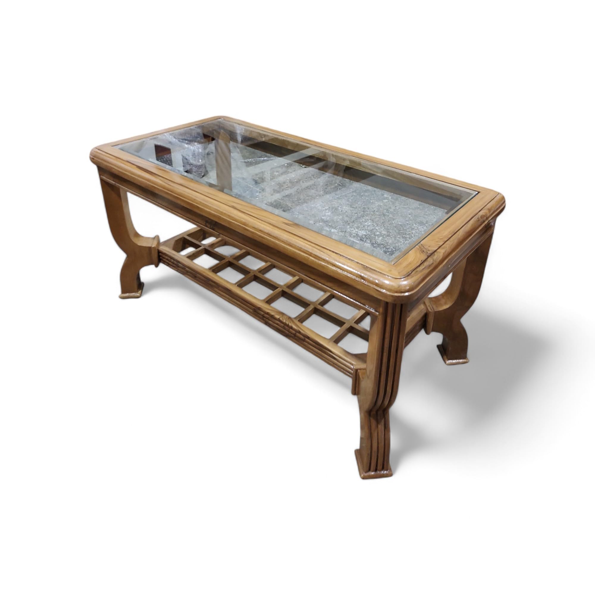 Elegant Teak Wood Coffee Table with Glass Top, Natural Finish-image-6