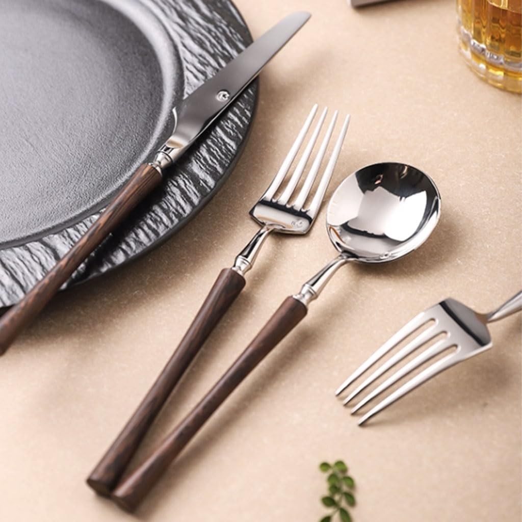 Exquisito Juego de Cubiertos de Acero Inoxidable con Mango de Madera, Utensilios de Cocina Retro, Cuchillo, Tenedor y Cuchara, Juego de Cubiertos Reutilizables para el hogar Práctico