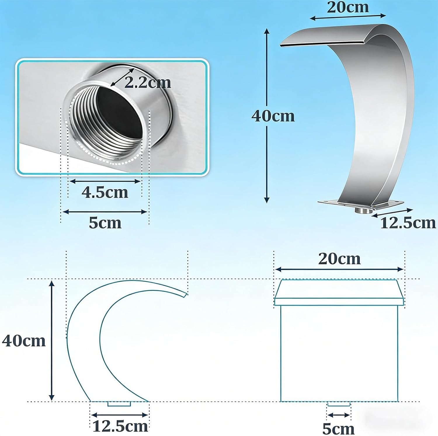 Déversoir en Acier Inoxydable 304, Fontaine de Piscine 20 x 40 cm avec élégant Rideau d'eau, élément décoratif extérieur résistant à la Rouille pour bassins de baignade, Installation Facile,