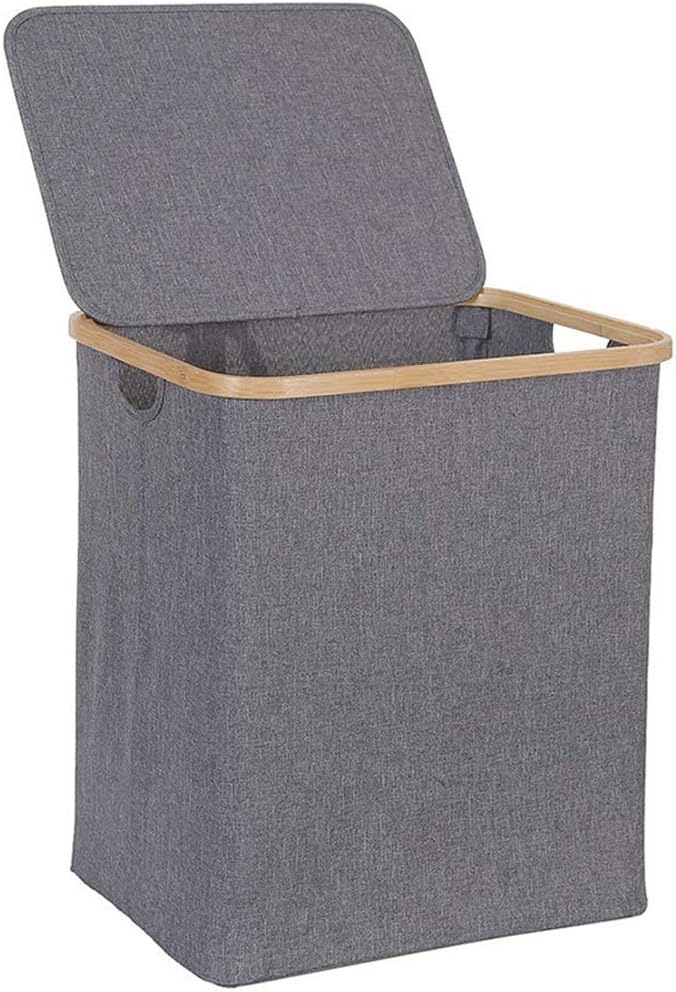 Laundry Basket with Lid, Large Bamboo Dirty Clothes Hamper with Handle, Waterproof Collapsible Laundry Hamper Storage