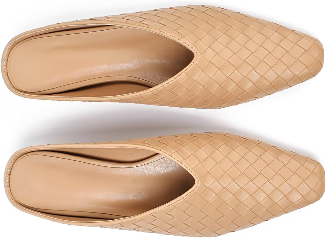 Woven Mules for Women Metallic Leather Slides Ladies Trendy Comfortable Square Toe Hidden Wedge Shoes - Image 3
