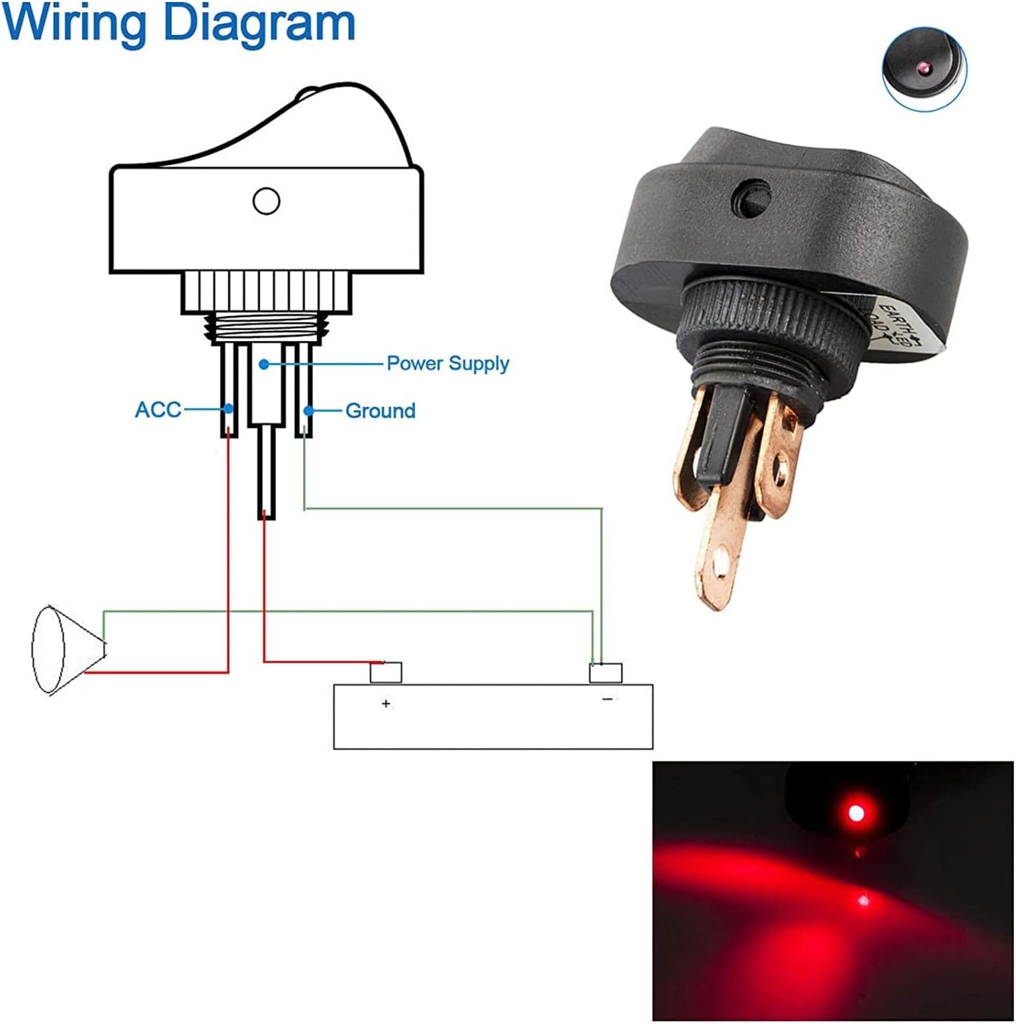 YANHAO 4Pcs 20D 12V 30A Car Boat Auto Rocker Toggle Switch SPST ON Off with Dot LED Light Illuminated 3 PINS (Color : Random Mix of Colors)