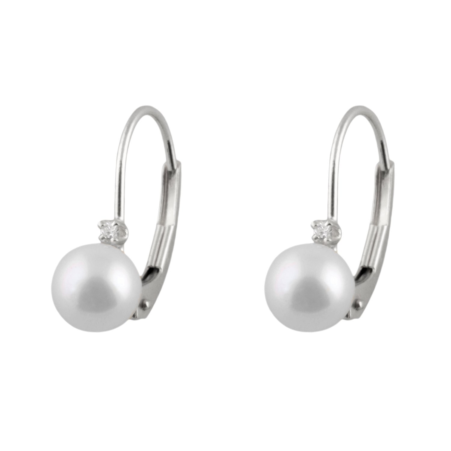 Handpicked AAA+ 5-5.5mm White Round Akoya Saltwater Cultured Pearls and Diamonds 0.02 cttw in 14K Gold Lever-back Huggie Ball Earrings