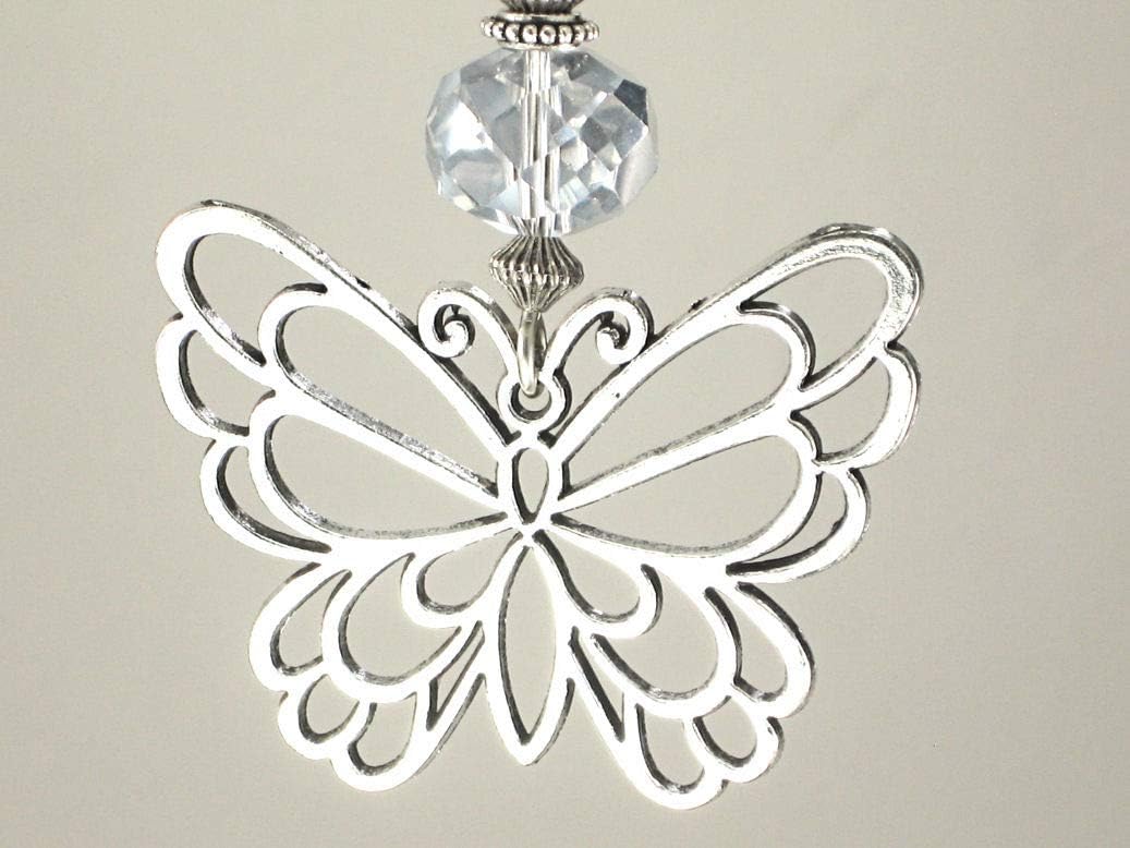 Trace Ellements Large Silvery Openwork Butterfly and Faceted Glass Ceiling Fan Pull