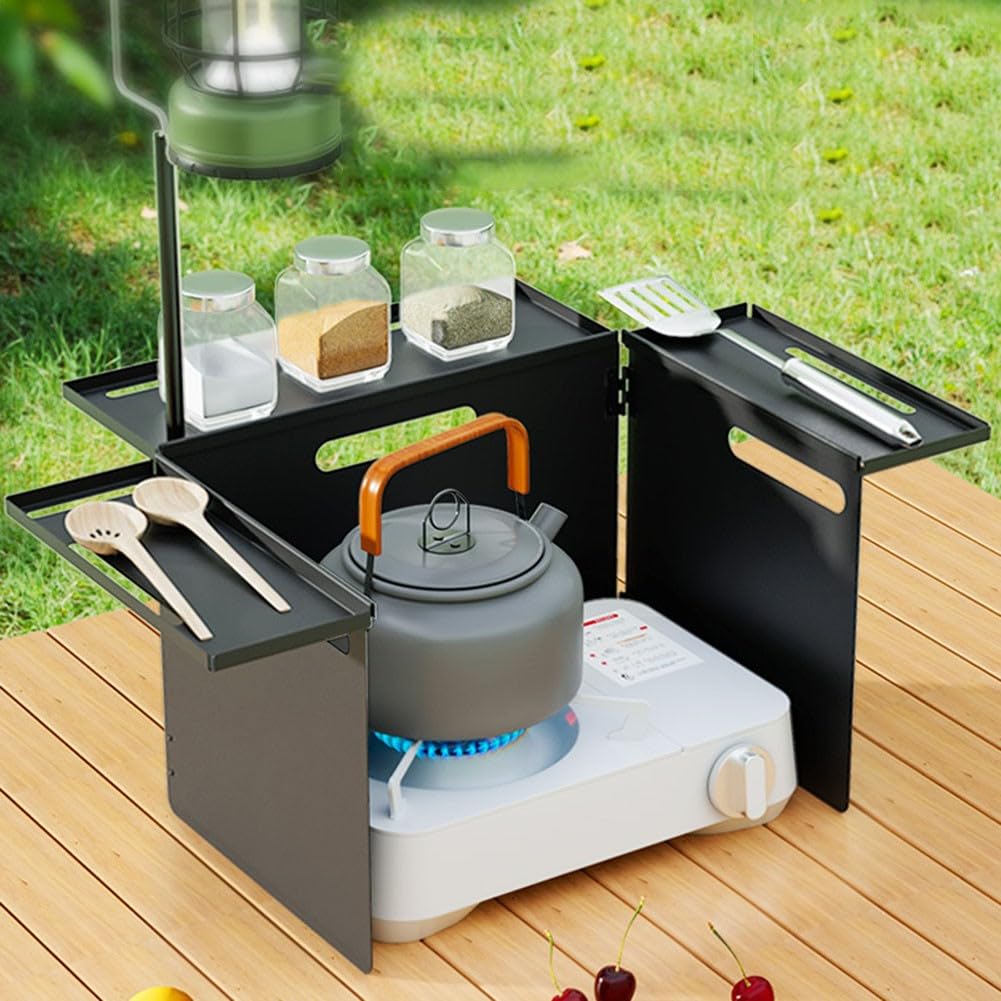 HpLive Faltbarer Campingkocher Windschutz mit Kochutensilien-Ablage - Zusammenklappbare Windschutzscheibe für Outdoor Camping 84x25cm(Weiß)