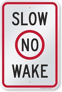 SmartSign 18 x 12 inch "Slow No Wake" Metal Sign, Screen Printed, 63 mil Laminated Rustproof Aluminum, Red, Black and White, Made in USA