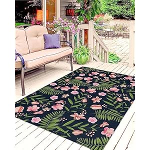 Spring pink floral outdoor rug 4×6 ft reversible patio rug outdoor camping rugs summer flowers green botanical washable indoor outdoor area rugs non slip outdoor carpet runner for deckporch  urban country home decor