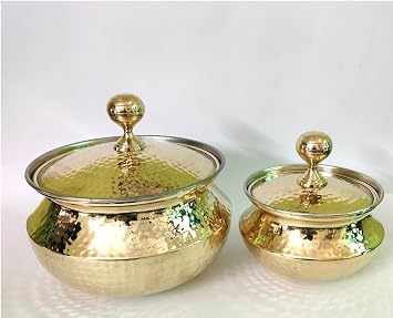Tangerine Cooking Pot, Brass Handi, Degchi, Patila with Lid for Cooking & Serving - Set (1.5 & 4 Liter)