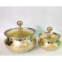 Tangerine Cooking Pot, Brass Handi, Degchi, Patila with Lid for Cooking & Serving - Set 1.5 & 4 Liter