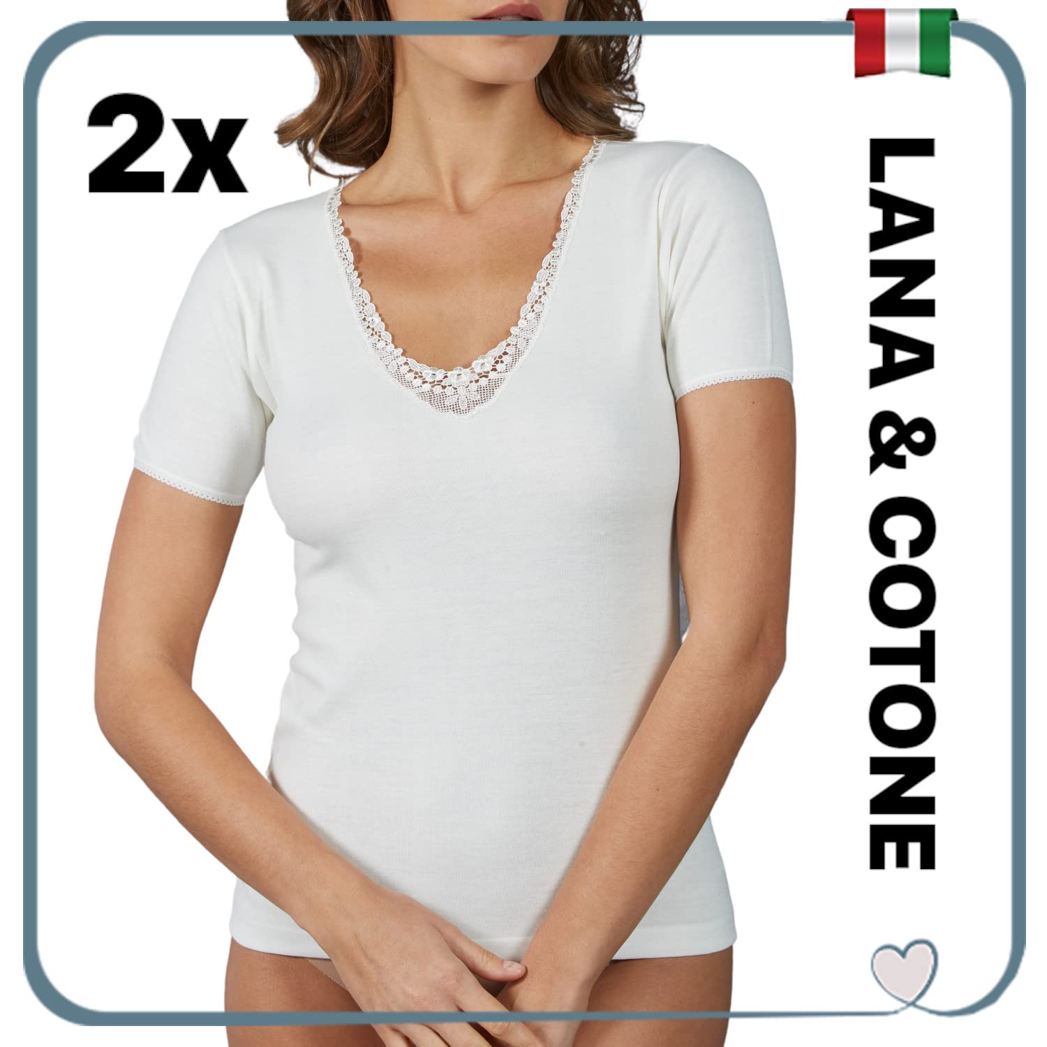 VP PINUCCIO VENEGONI Set mit 2 Unterhemden für Damen, Wolle und Baumwolle, hergestellt in Italien, kurzärmlig, Thermo, aus Spitze, Weiß und Schwarz, Unterwäsche für Damen, Winter-T-Shirts