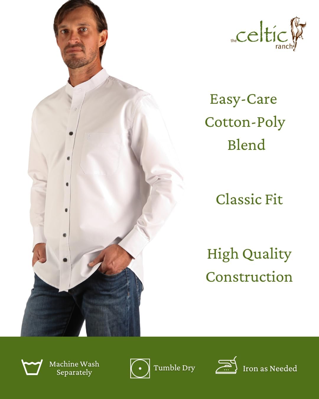 Traditional Irish Grandfather Shirt, Men's Casual Long Sleeve Button Down Poplin Style Dress Shirt with Band Collar - Image 3
