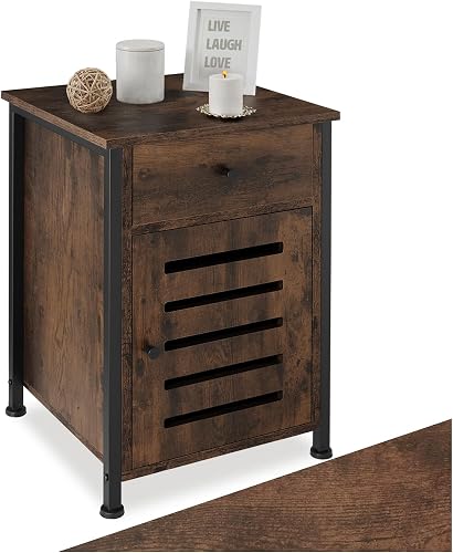 tectake® Mesita de Noche Estilo Industrial con Cajón y Compartimento Almacenamiento, Mesa Auxiliar Salon, Mesitas de Noche, Decoracion Hogar - 42 x 40 x 60,5 cm Madera Industrial Oscura, Rústica