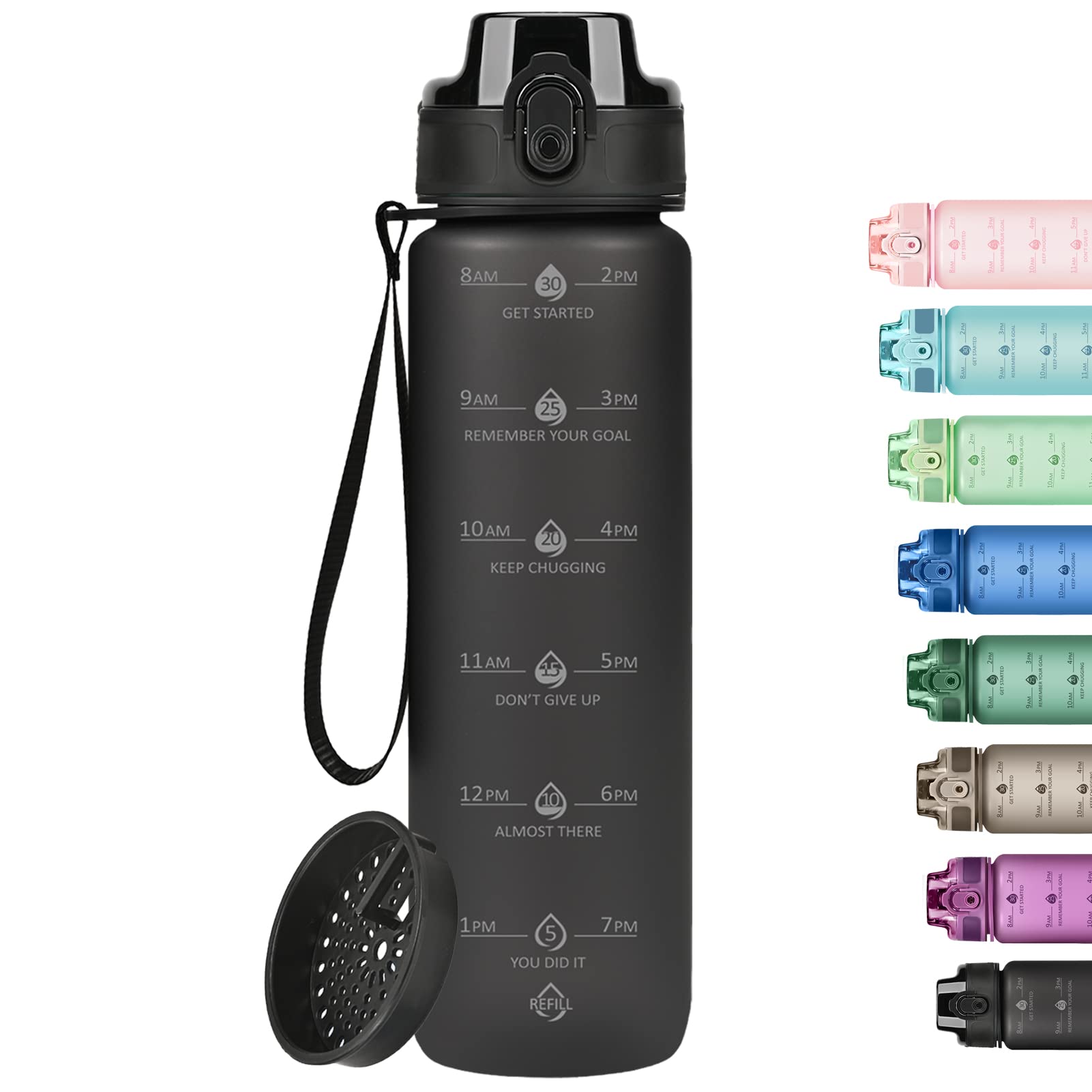 32oz Motivational Water Bottles with Time Marker & Fruit Strainer, Single Color Water Bottle with Times to Drink, Leakproof & BPA Free, Reusable Plastic Bottle with Strap (No Straw)