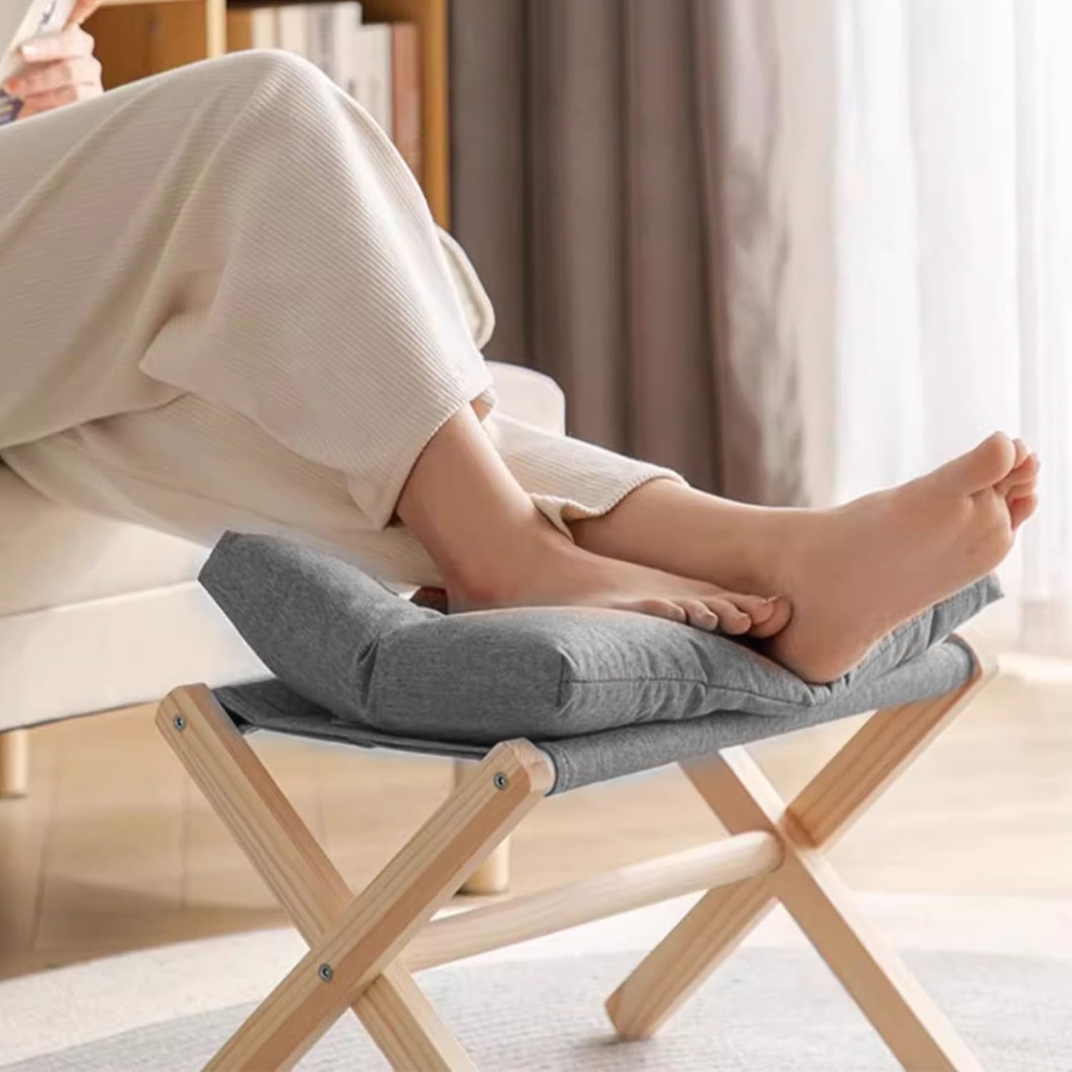 Folding Footrest Stool, Small Portable Bamboo Accent Ottoman, Footstool with Detachable Cotton Cushion Padded(Grey)