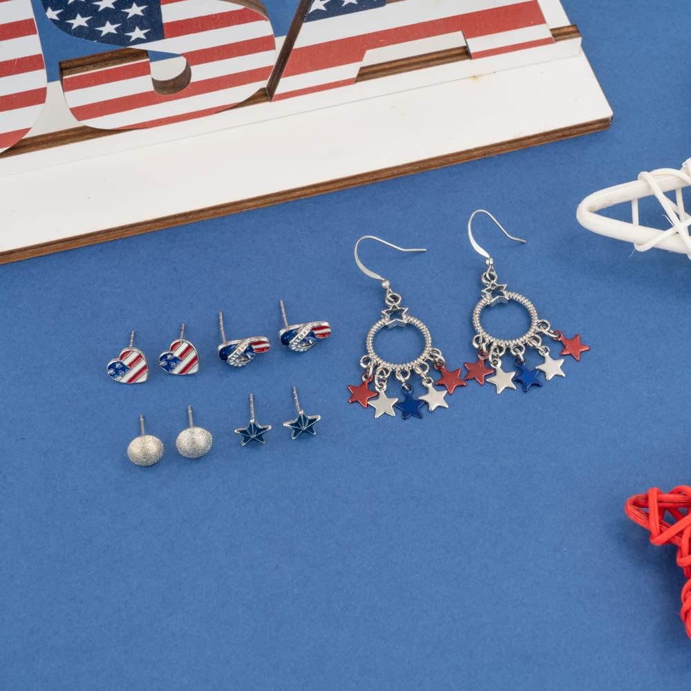MADISON TYLER American Flag Earrings Set for Women | 4th of July Heart Star USA Flag Stud Drop Dangle Earrings | Patriotic Independence Day Jewelry 5PCS