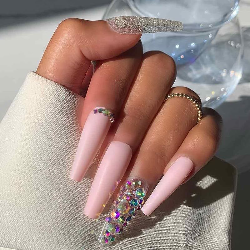 Unhas Postiças EXTRA AF Lavaa Beauty, Formato Coffin Extra Longo, Rosa Fosco, Chrome Prateado e Pedrarias