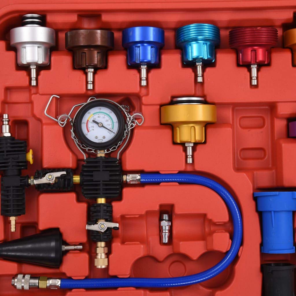 Comprobador de presión con 28 tapones de prueba, juego de herramientas de aluminio y plástico, juego de comprobador de tapa del radiador universal para coche, moto, mantenimiento de coche