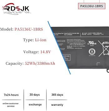 PA5136U-1BRS PA5136U Laptop Battery for Toshiba Portege Z30 Z30-A Z30-A-12U Z30-B Z30-A1301 Z30-AK01S Z30-AK03S Z30-AK04S Z30-AK06S Z30-AK12S Z30-AK22S Z30-AK31S Z30-AK32S Series 14.8V 52Wh/3380mAh