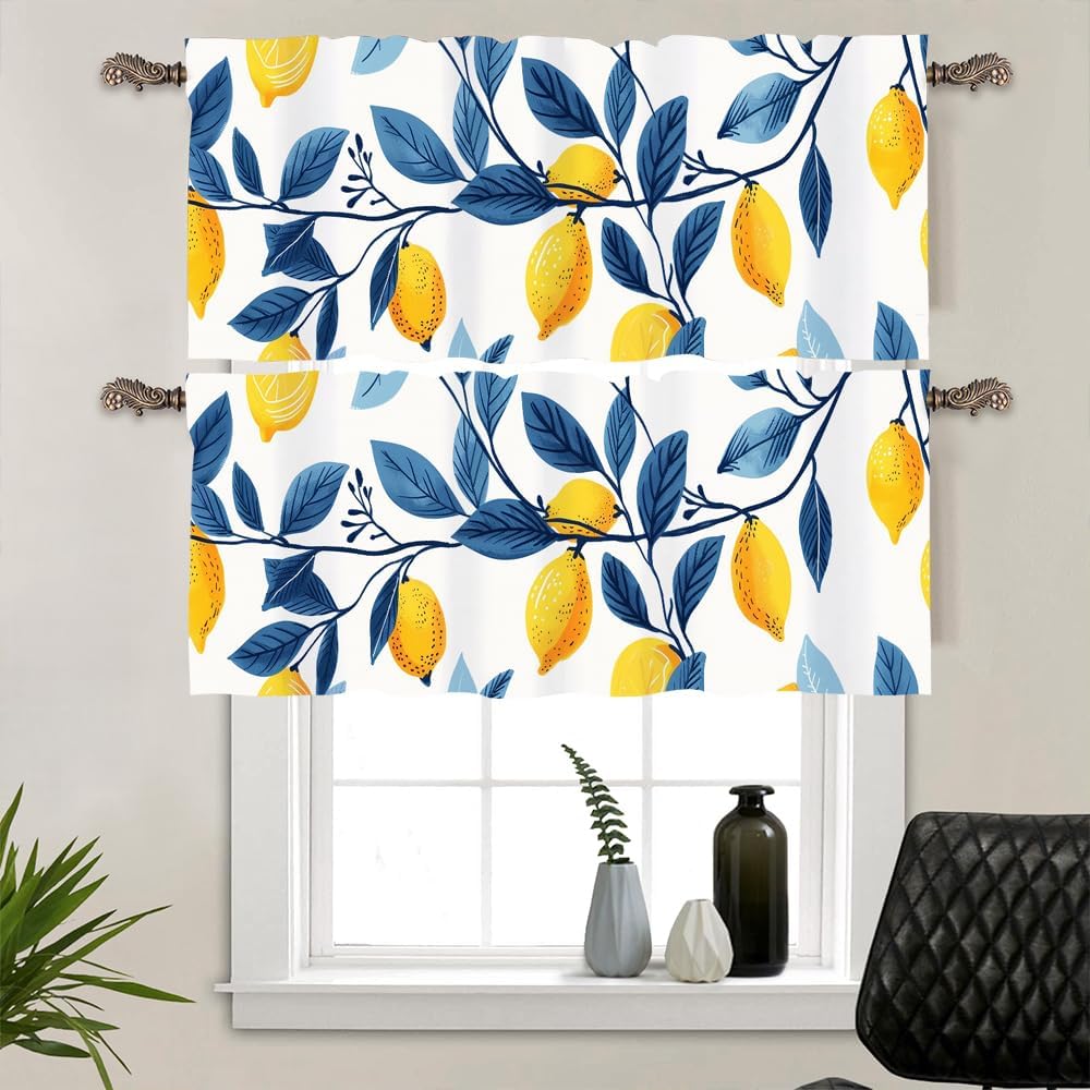 2 Panels Watercolor Lemon Blue Window Valances, Yellow Fruit Nature Window Treatment Decor Curtains Rod Pocket Valances for Kitchen/Living Room, 54" X 18"